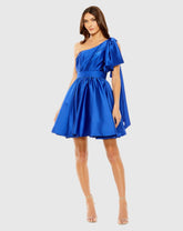 Blue One Shoulder Bow Satin Mini Dress